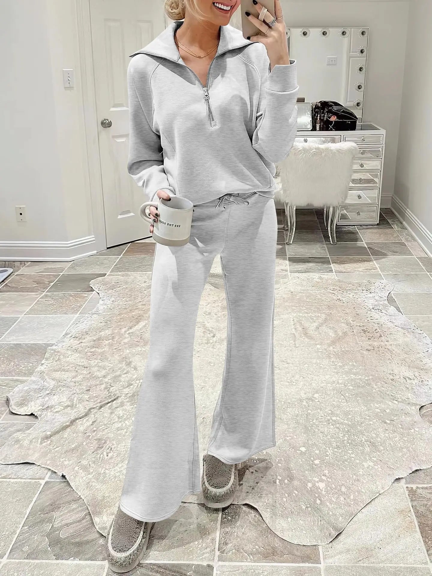 Women's Autumn Winter New Casual Sports Suit Fashionable Zipper Long Sleeved Sweatshirt Lace Up Wide Leg Pants Two-piece Set