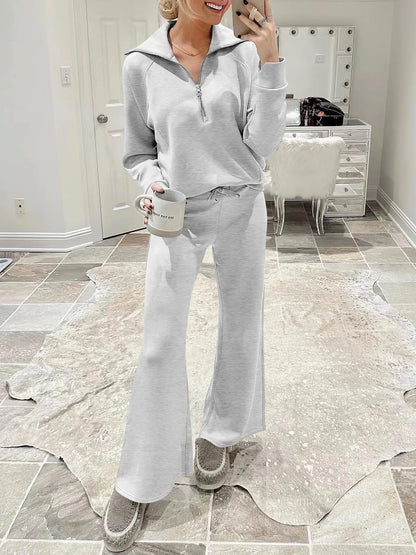 Women's Autumn Winter New Casual Sports Suit Fashionable Zipper Long Sleeved Sweatshirt Lace Up Wide Leg Pants Two-piece Set