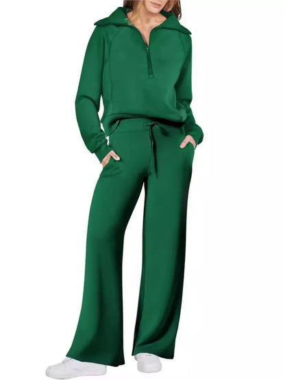 Women's Autumn Winter New Casual Sports Suit Fashionable Zipper Long Sleeved Sweatshirt Lace Up Wide Leg Pants Two-piece Set