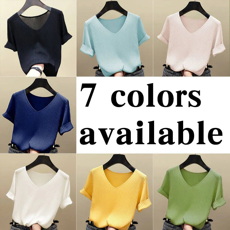 Women 2022 new V-neck short-sleeved T shirt Summer Thin Office Lady Cloth Short Sleeve slim Tops spring summer solid T-shirts