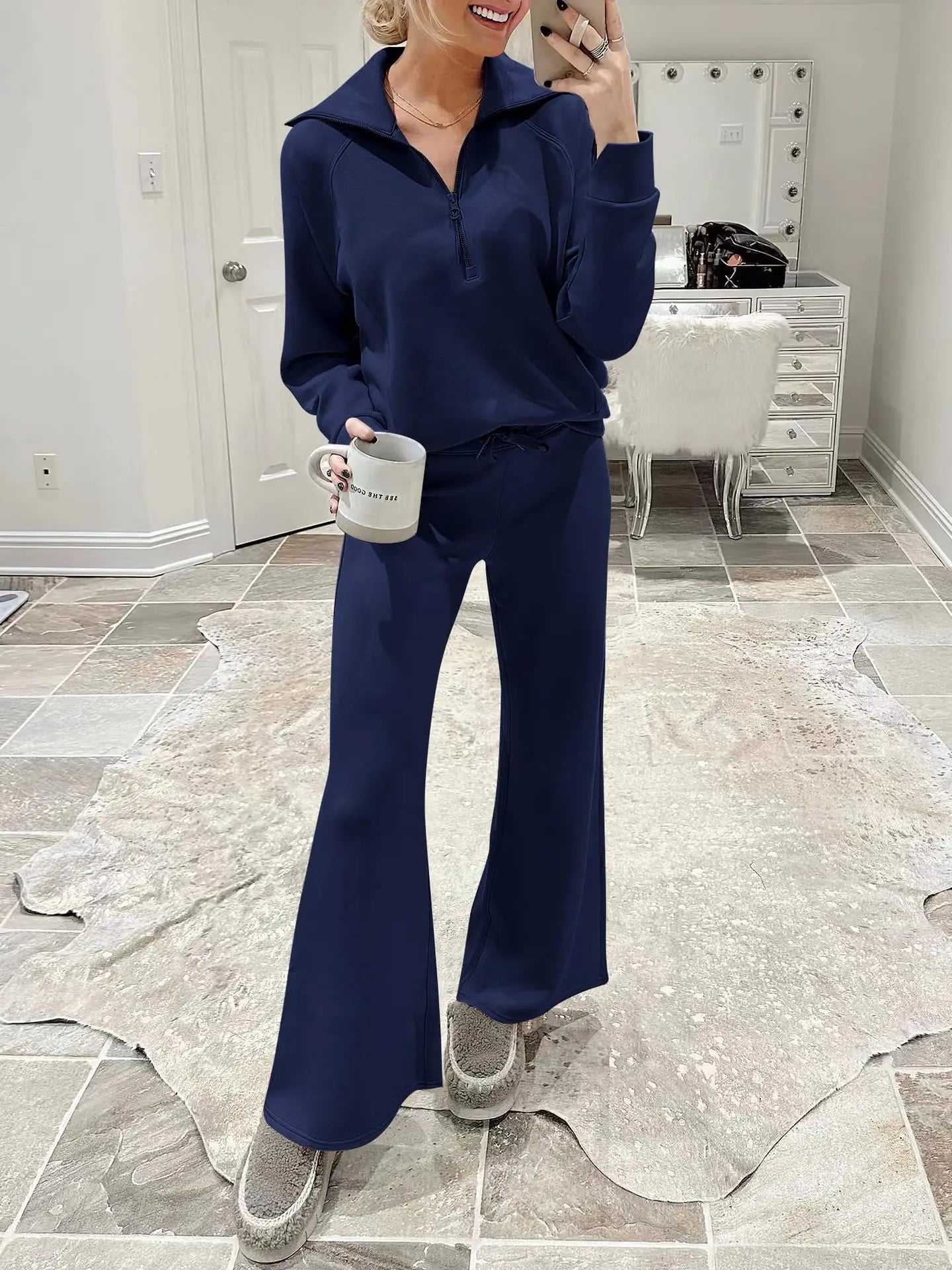 Women's Autumn Winter New Casual Sports Suit Fashionable Zipper Long Sleeved Sweatshirt Lace Up Wide Leg Pants Two-piece Set