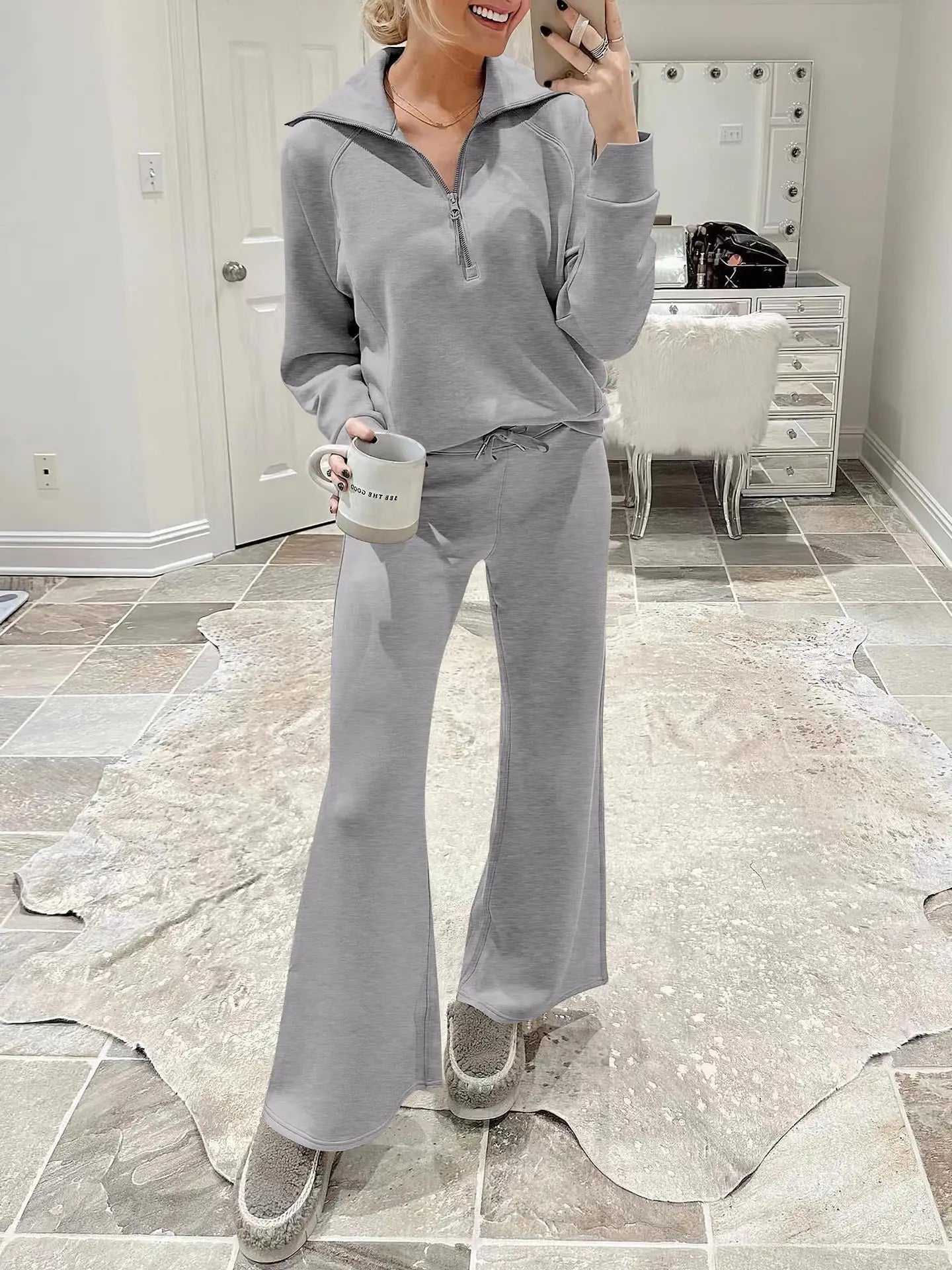 Women's Autumn Winter New Casual Sports Suit Fashionable Zipper Long Sleeved Sweatshirt Lace Up Wide Leg Pants Two-piece Set