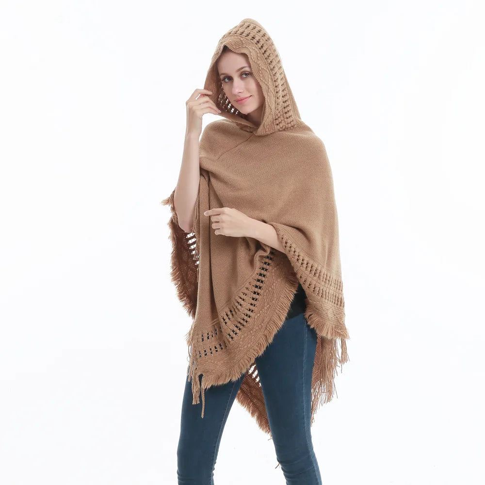 woman Women's Ponchos autumn and winter knitted hooded sweater loose cover sweater fat MM loose knitted sweater shawl Capes Coat