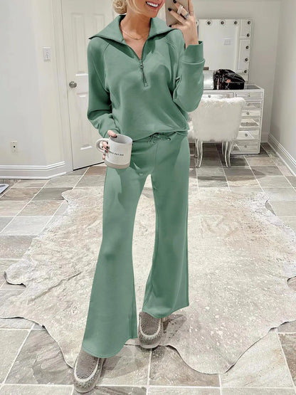 Women's Autumn Winter New Casual Sports Suit Fashionable Zipper Long Sleeved Sweatshirt Lace Up Wide Leg Pants Two-piece Set