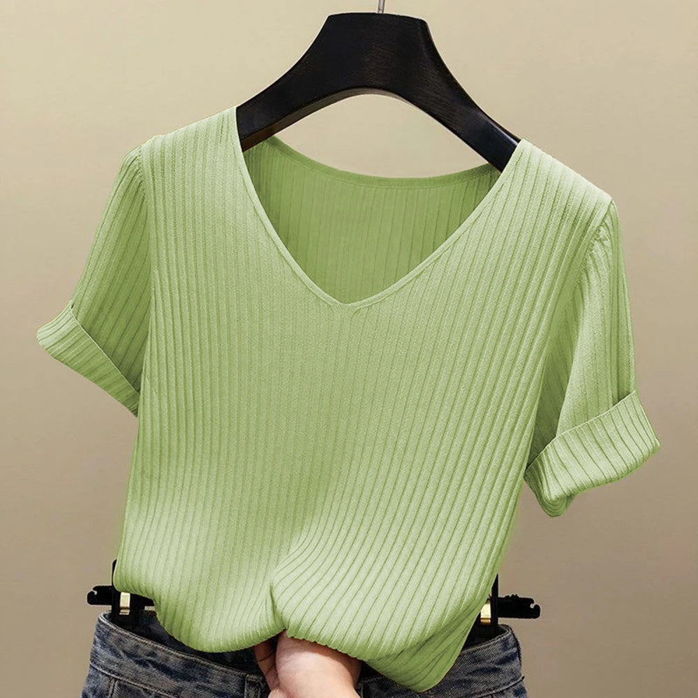 Women 2022 new V-neck short-sleeved T shirt Summer Thin Office Lady Cloth Short Sleeve slim Tops spring summer solid T-shirts