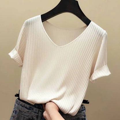 Women 2022 new V-neck short-sleeved T shirt Summer Thin Office Lady Cloth Short Sleeve slim Tops spring summer solid T-shirts