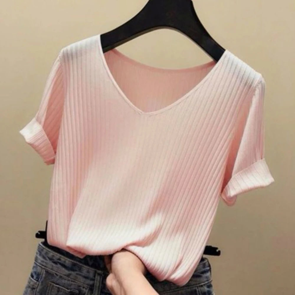 Women 2022 new V-neck short-sleeved T shirt Summer Thin Office Lady Cloth Short Sleeve slim Tops spring summer solid T-shirts