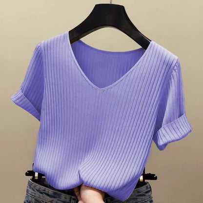 Women 2022 new V-neck short-sleeved T shirt Summer Thin Office Lady Cloth Short Sleeve slim Tops spring summer solid T-shirts