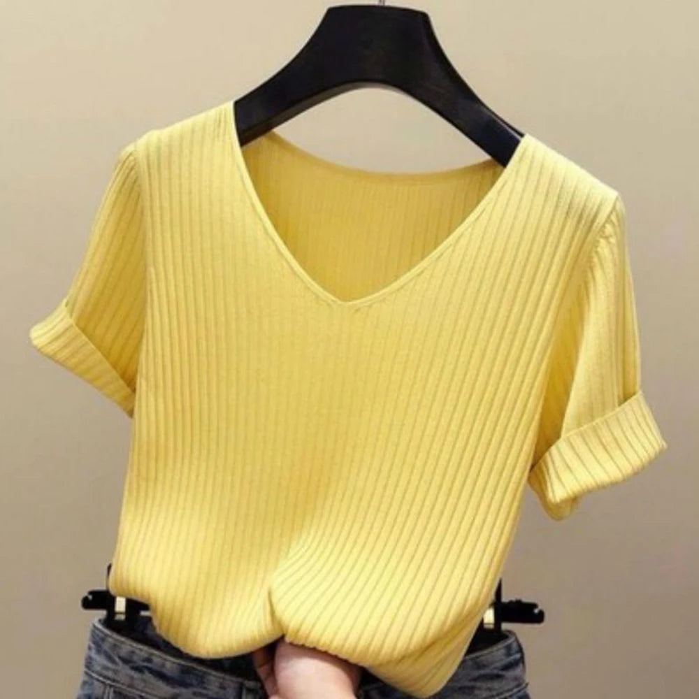 Women 2022 new V-neck short-sleeved T shirt Summer Thin Office Lady Cloth Short Sleeve slim Tops spring summer solid T-shirts