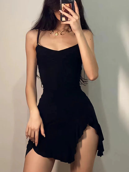 New Women's Clothing American style Dresses spicy girl retro black niche floral slit dress popular hip hugging short skirt dress