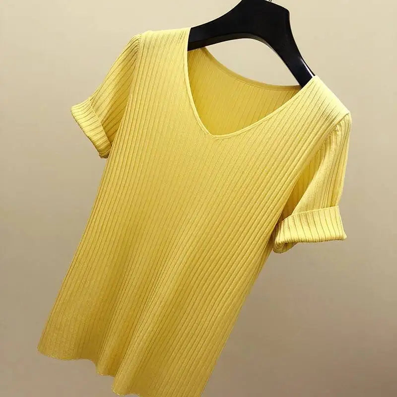 Women 2022 new V-neck short-sleeved T shirt Summer Thin Office Lady Cloth Short Sleeve slim Tops spring summer solid T-shirts