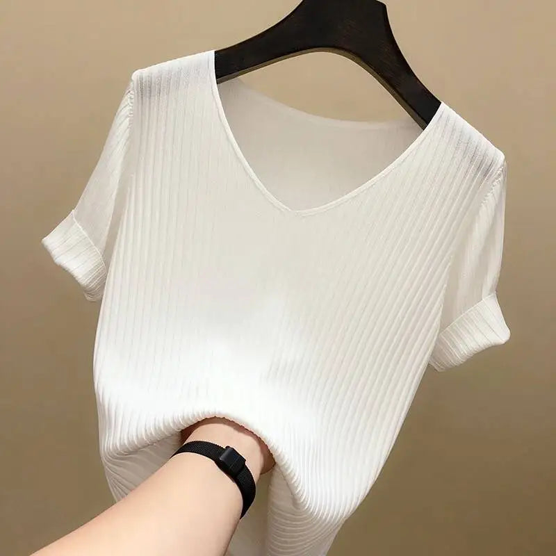 Women 2022 new V-neck short-sleeved T shirt Summer Thin Office Lady Cloth Short Sleeve slim Tops spring summer solid T-shirts