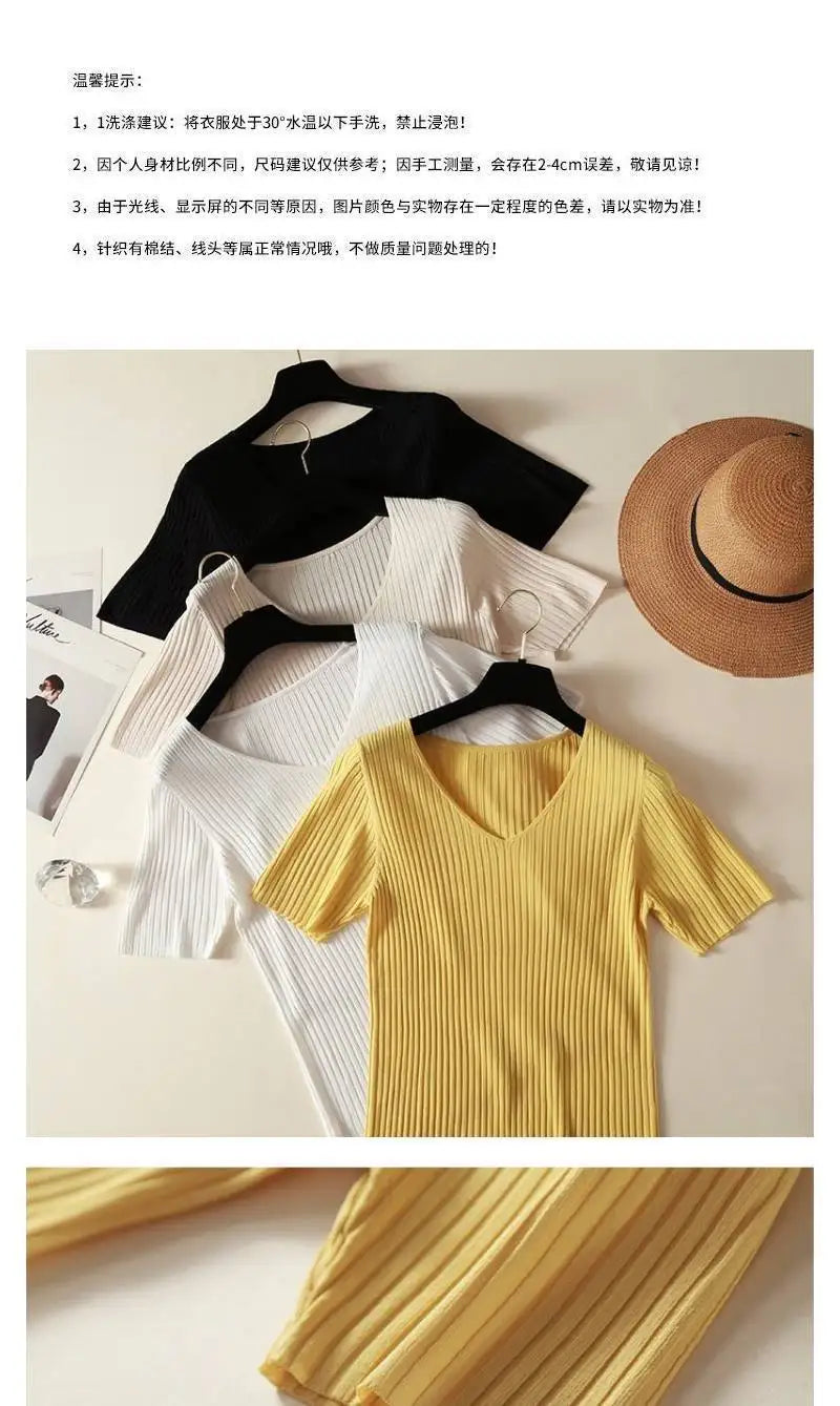 Women 2022 new V-neck short-sleeved T shirt Summer Thin Office Lady Cloth Short Sleeve slim Tops spring summer solid T-shirts