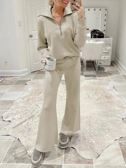 Women's Autumn Winter New Casual Sports Suit Fashionable Zipper Long Sleeved Sweatshirt Lace Up Wide Leg Pants Two-piece Set