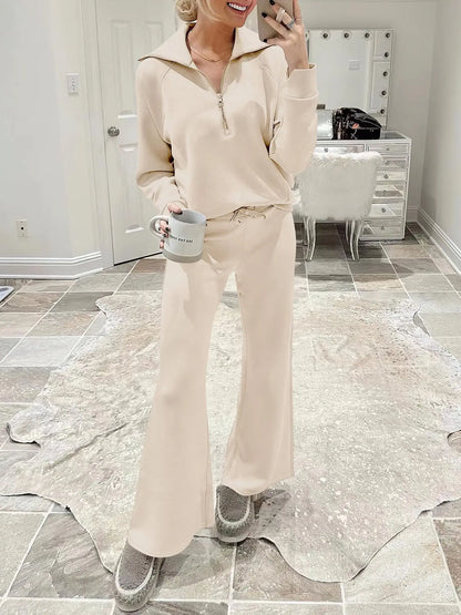 Women's Autumn Winter New Casual Sports Suit Fashionable Zipper Long Sleeved Sweatshirt Lace Up Wide Leg Pants Two-piece Set