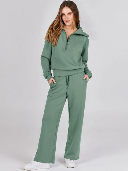 Women's Autumn Winter New Casual Sports Suit Fashionable Zipper Long Sleeved Sweatshirt Lace Up Wide Leg Pants Two-piece Set