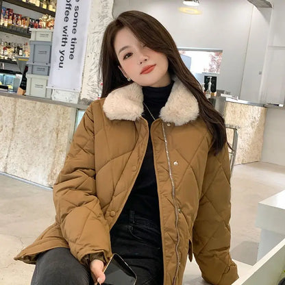 women Wool collar Cotton Clothes Jacket rhomboid bread jacket thickened cotton padded winter women's 2022 new cotton jacket coat