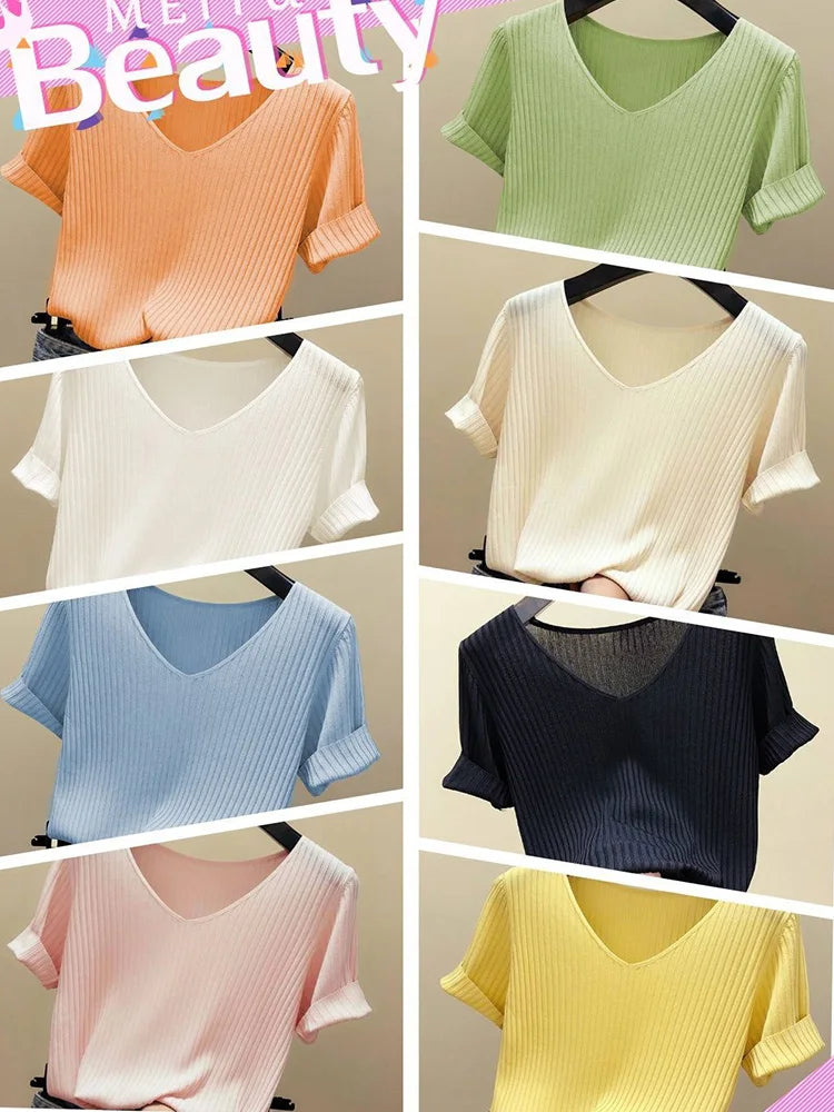 Women 2022 new V-neck short-sleeved T shirt Summer Thin Office Lady Cloth Short Sleeve slim Tops spring summer solid T-shirts